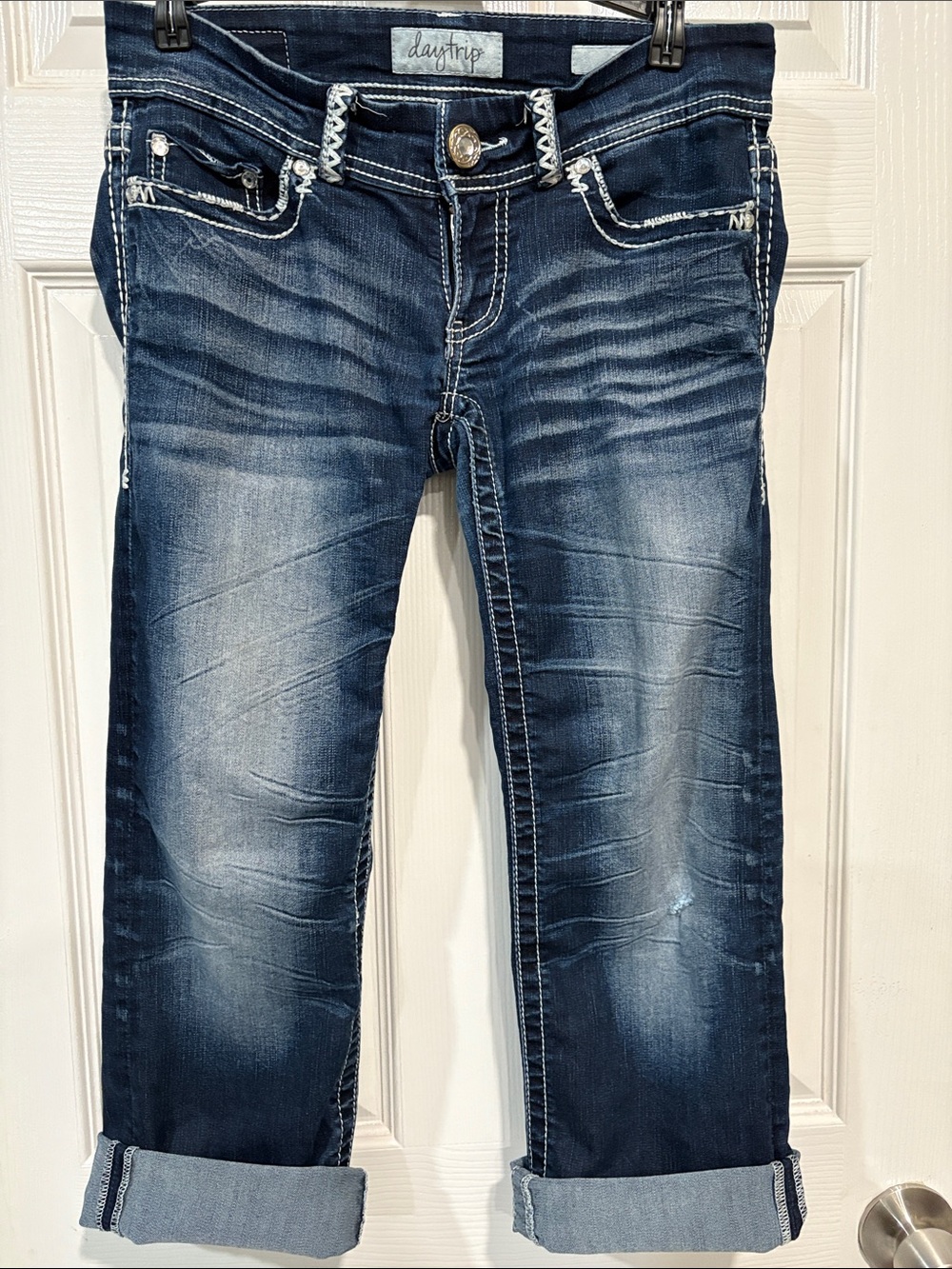 Daytrip Dark Blue Washed Boyfriend Jeans with Rolled Cuffs